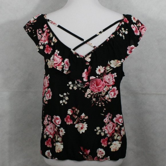 No Boundaries Multi Color Floral Rayon Blouse w/ Ruffle Collar Trim SZ M EUC - Picture 4 of 8